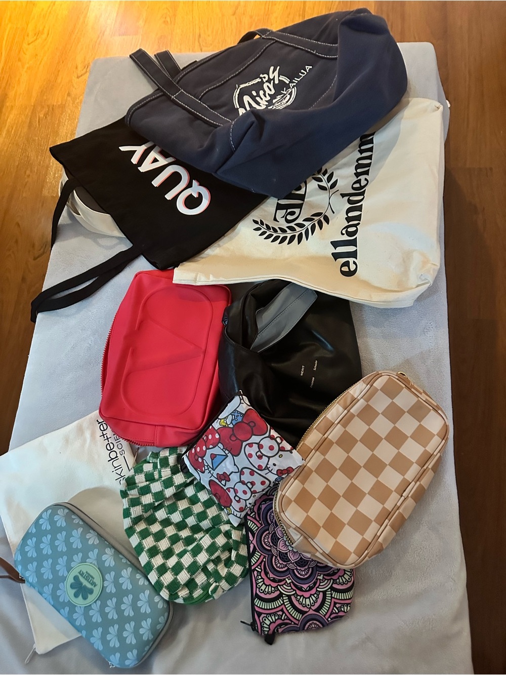 Assorted totes and pouches.